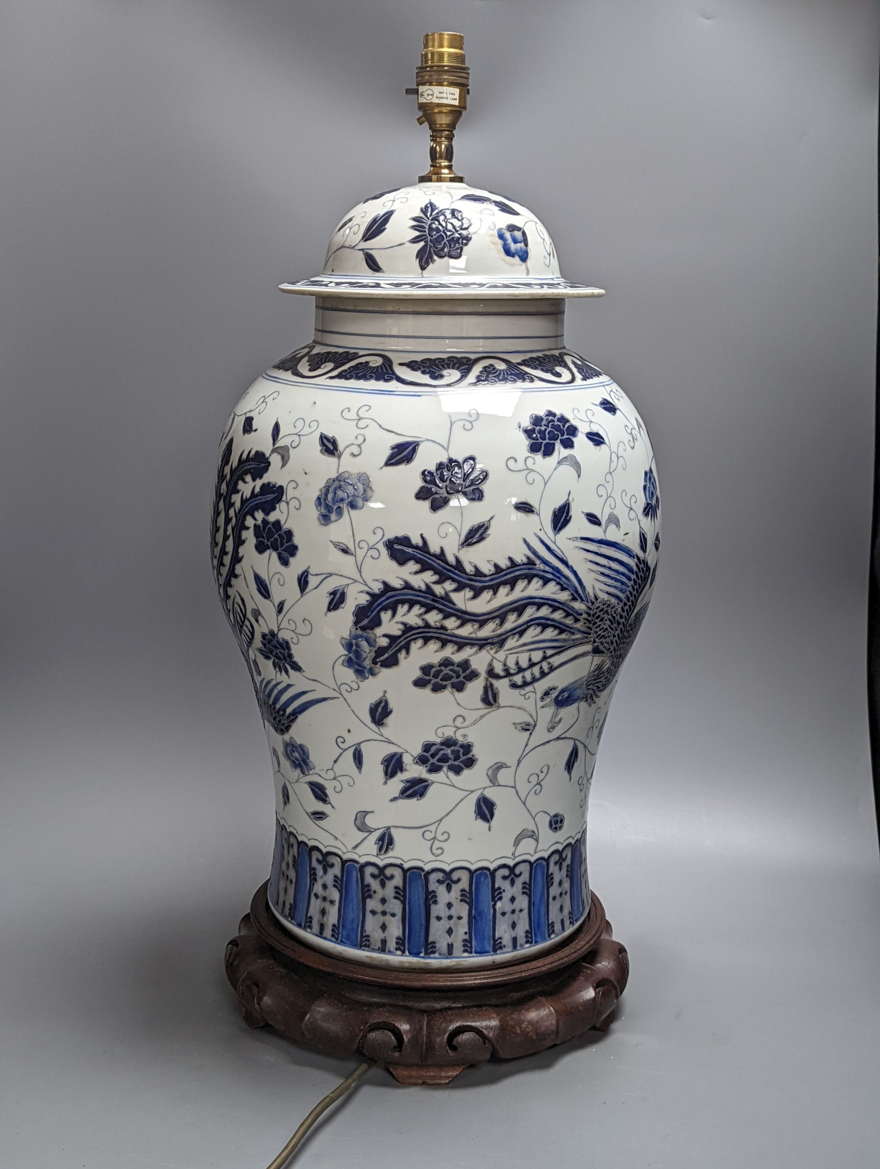 A Chinese blue enamelled porcelain baluster vase, converted to electric lamp 52cm